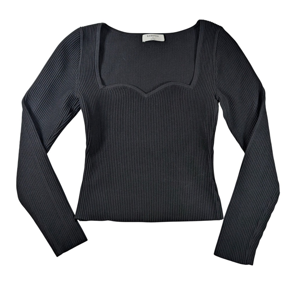 Babaton Ribbed Knit Top Women S Black Sweetheart Neck Long Sleeve